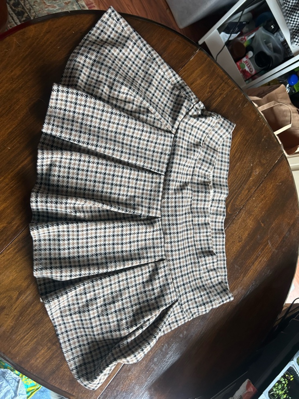 American Eagle Outfitters Plaid Pleated Skater Skirt in Beige and Black